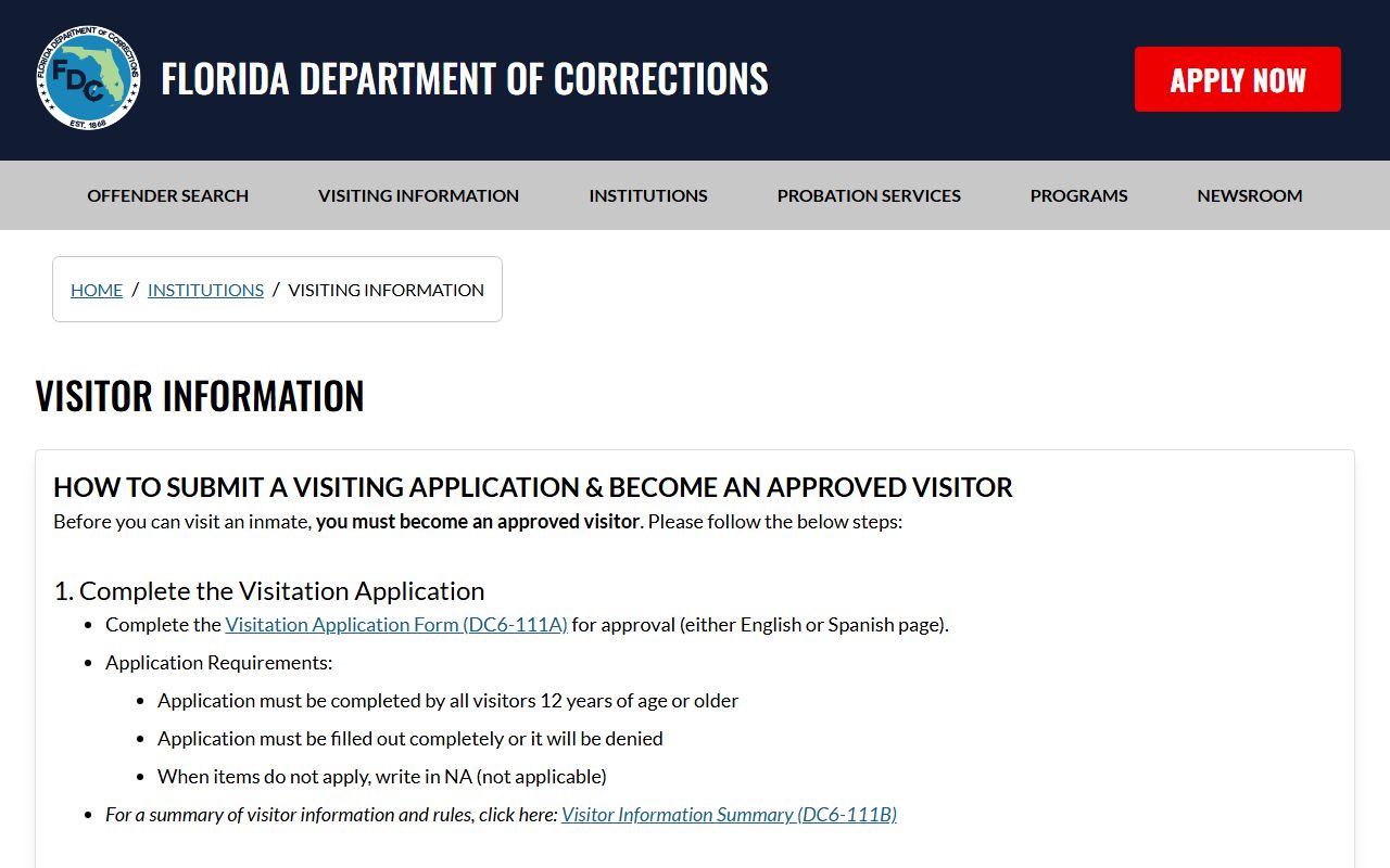 Florida Department of Corrections visiting information page for Lake Correctional Institution inmates