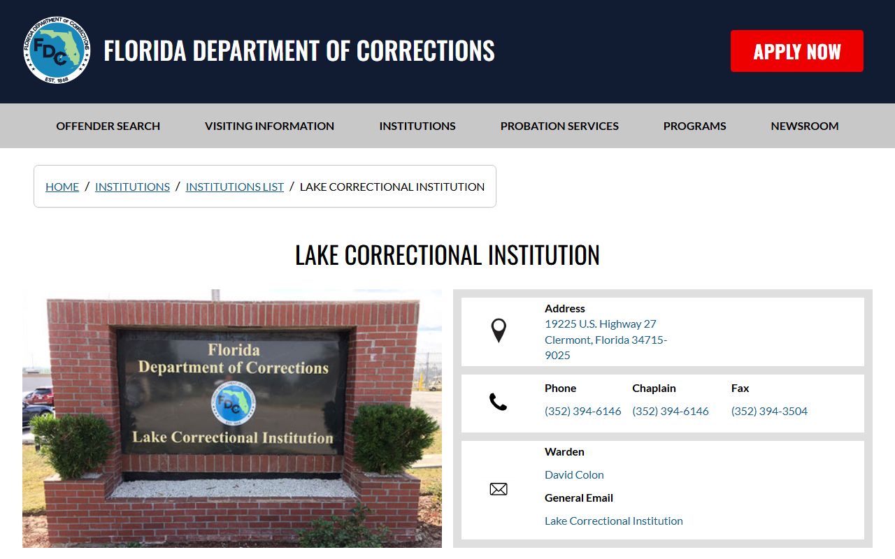 Florida Department of Corrections Lake Correctional Institution state prison facility page