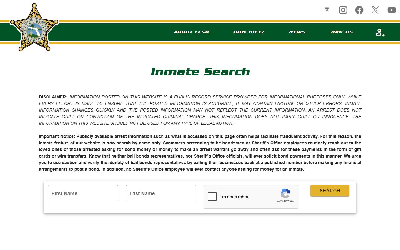Official Lake County inmate search page with name-only roster lookup and scam warning