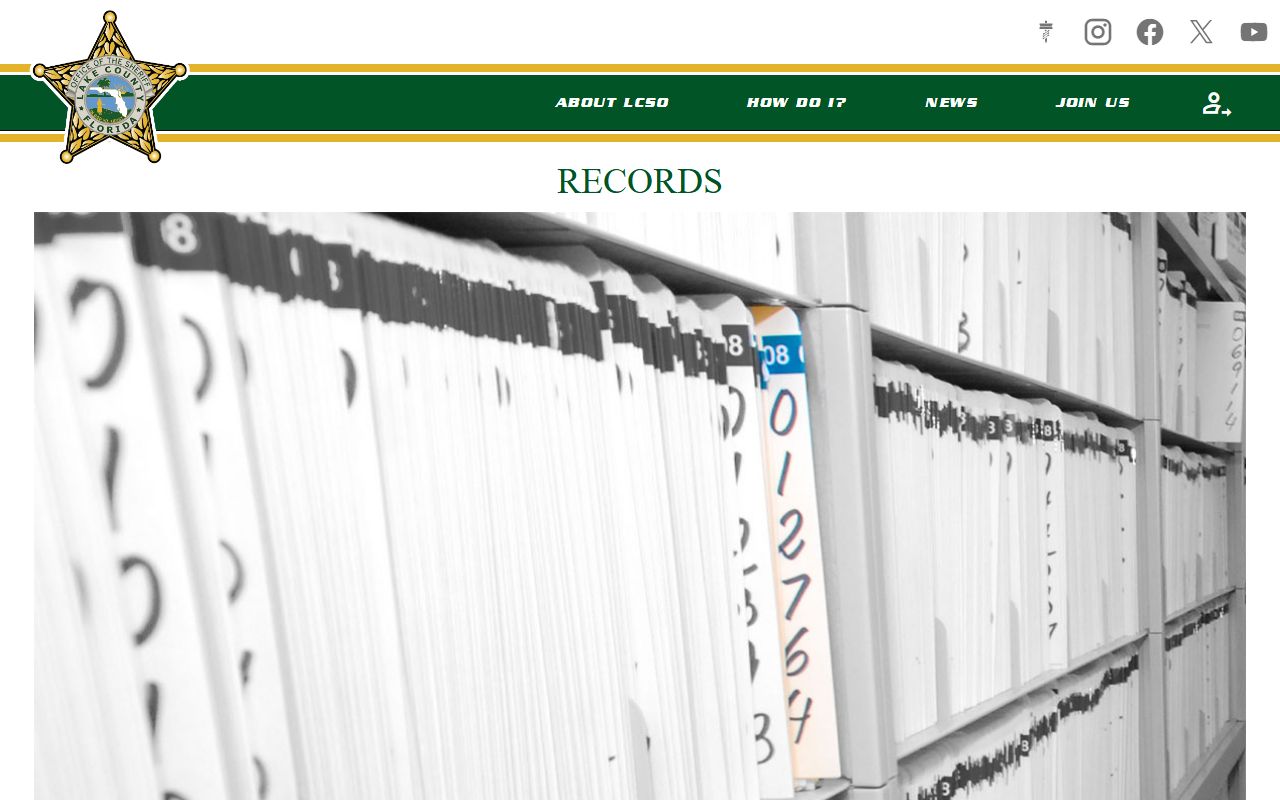 LCSO Central Records page used to request Lake County booking photos and arrest records